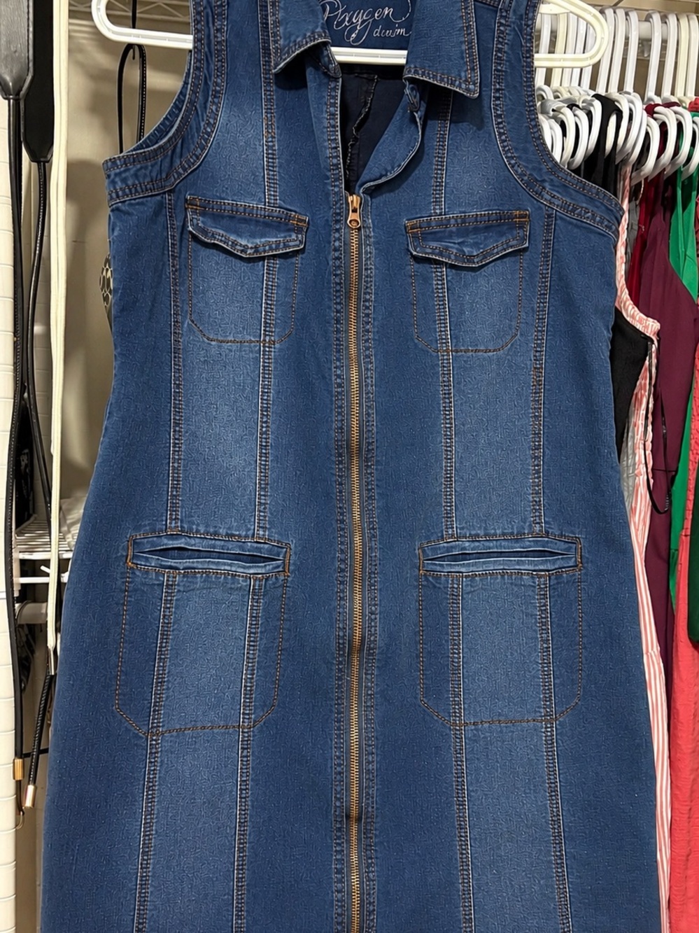 Denim Sleeveless Zip-Front Kids Dress in Dark Blue